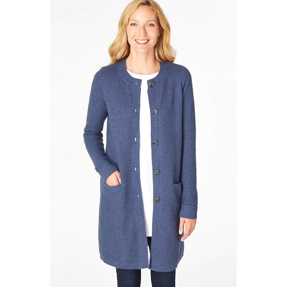 J. Jill Blue Knit Long Cardigan Sweater Size Medium Button Loungewear Cozy - Picture 1 of 10